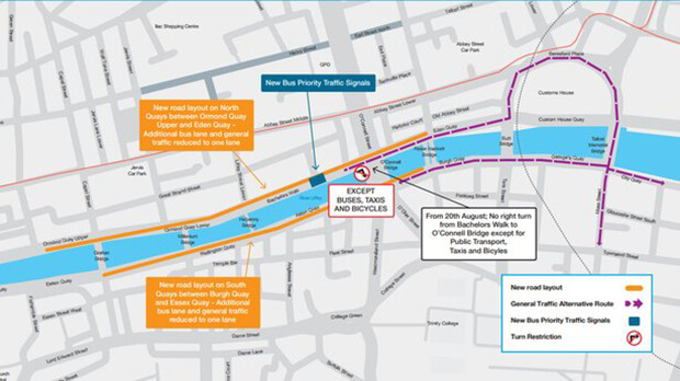 Due to new Luas tram operations, Cars will be reduced to one lane on Dublin's quays
