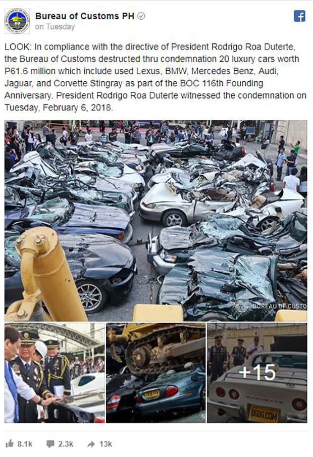 Demolition Duterte Derby! President of the Philippines, Rodrigo Duterte destroys luxury cars in his war on crime