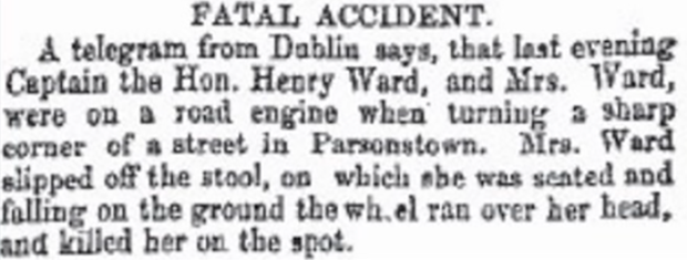 Irishwoman was the first person in history die in a car accident 1869 